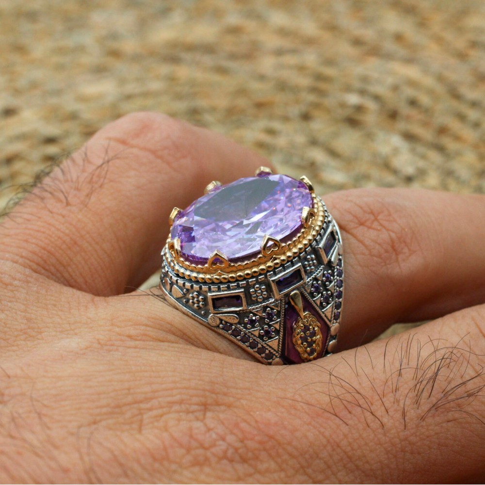 Amethyst Men's Ring, Mens Handmade Ring, Turkish Handmade Silver Men Ring, Ottoman Men Ring, Men Jewelry, Gift for Him, 925k Sterling Silver