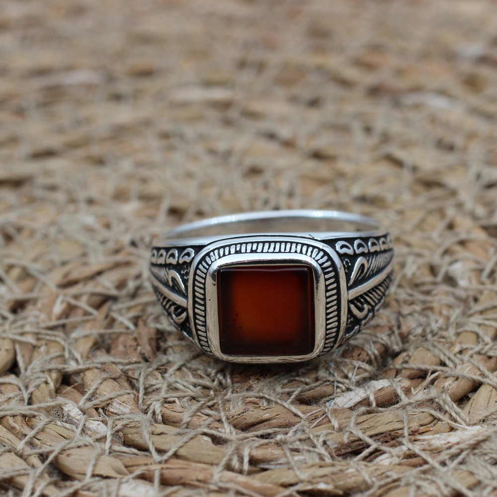 Men's Agate Ring, Handmade Ring, Turkish Handmade Silver Men Ring, Ottoman Men Ring, Men's Jewelry, Gift for Him, 925k Sterling Silver Ring