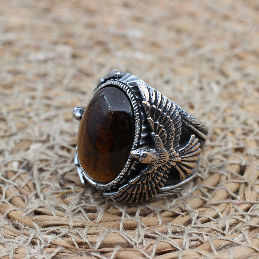 Tiger Eye Men's Ring, Ottoman Men's Ring, Handmade Men's Ring, Turkish Handmade Eagle Ring, Men's Jewelry, Gift for Him, 925 Sterling Silver