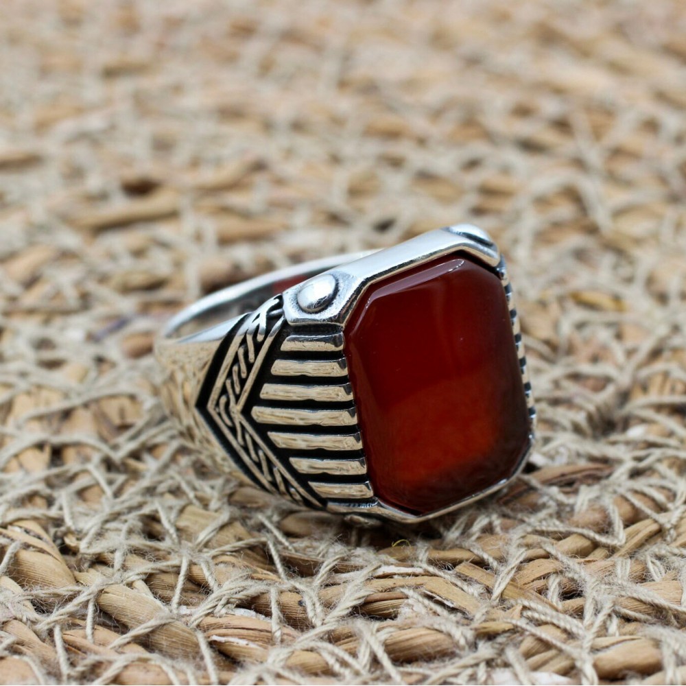 Men's Agate Ring, Handmade Ring, Turkish Handmade Silver Men Ring, Ottoman Men Ring, Men's Jewelry, Gift for Him, 925k Sterling Silver Ring