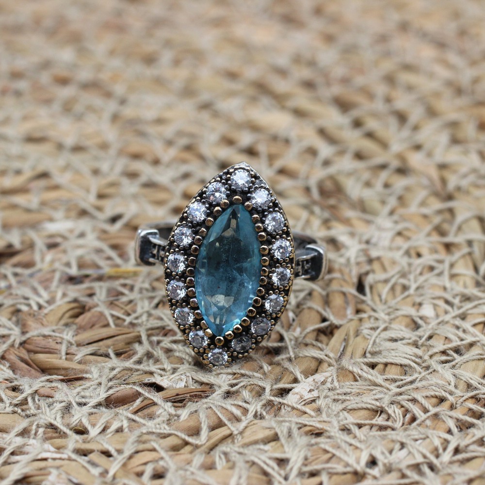 Aquamarine Ring, Handmade Women Ring, Turkish Handmade Silver Ladies Ring, Ottoman Ring, Ladies Ring, 925k Sterling Silver, Zircon Ring
