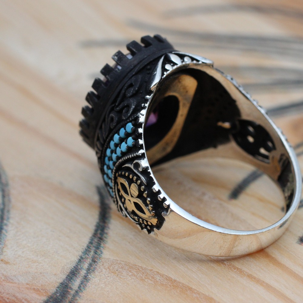 Amethyst Men's Ring, Mens Handmade Ring, Turkish Handmade Silver Men Ring, Ottoman Men Ring, Men Jewelry, Gift for Him, 925k Sterling Silver