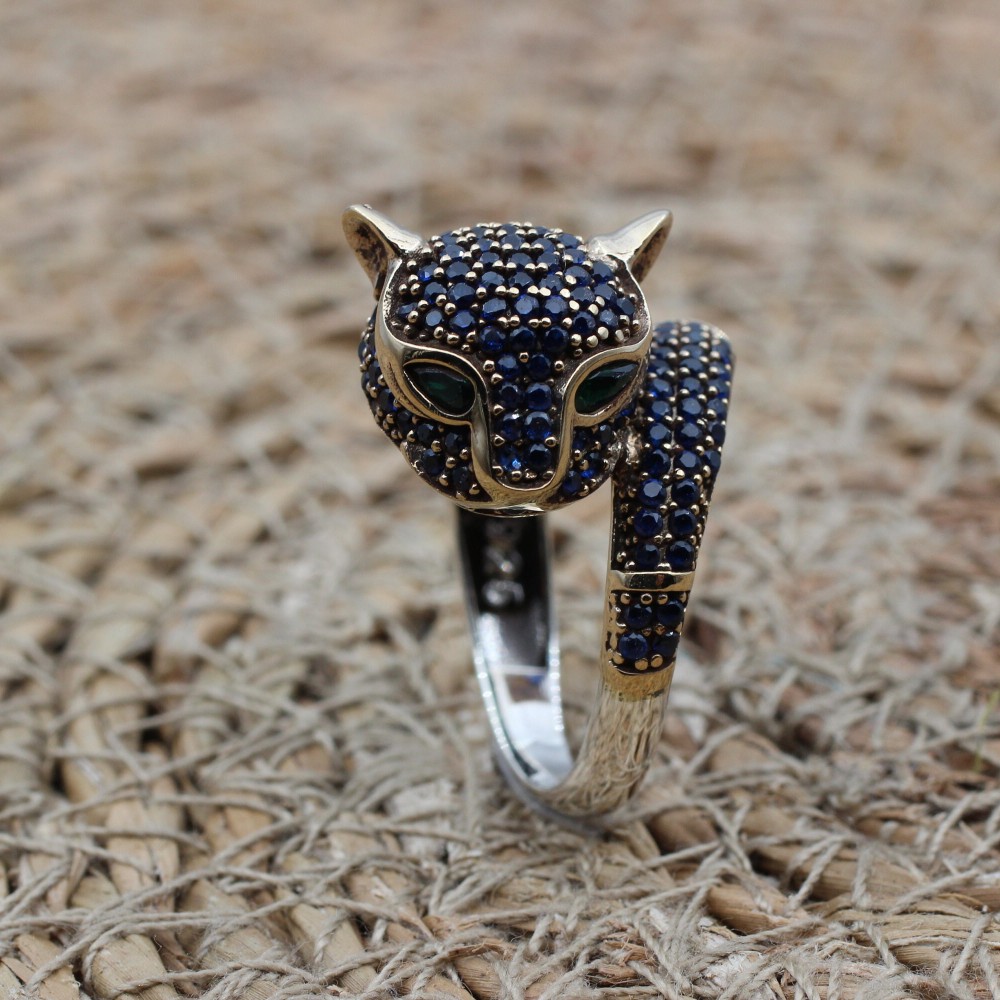 Sapphire Tiger Ring, Handmade Women's Ring, Tiger Ring, Turkish Handmade Ring, Ottoman Women Ring, Ladies Ring, 925k Sterling Silver, Tiger,