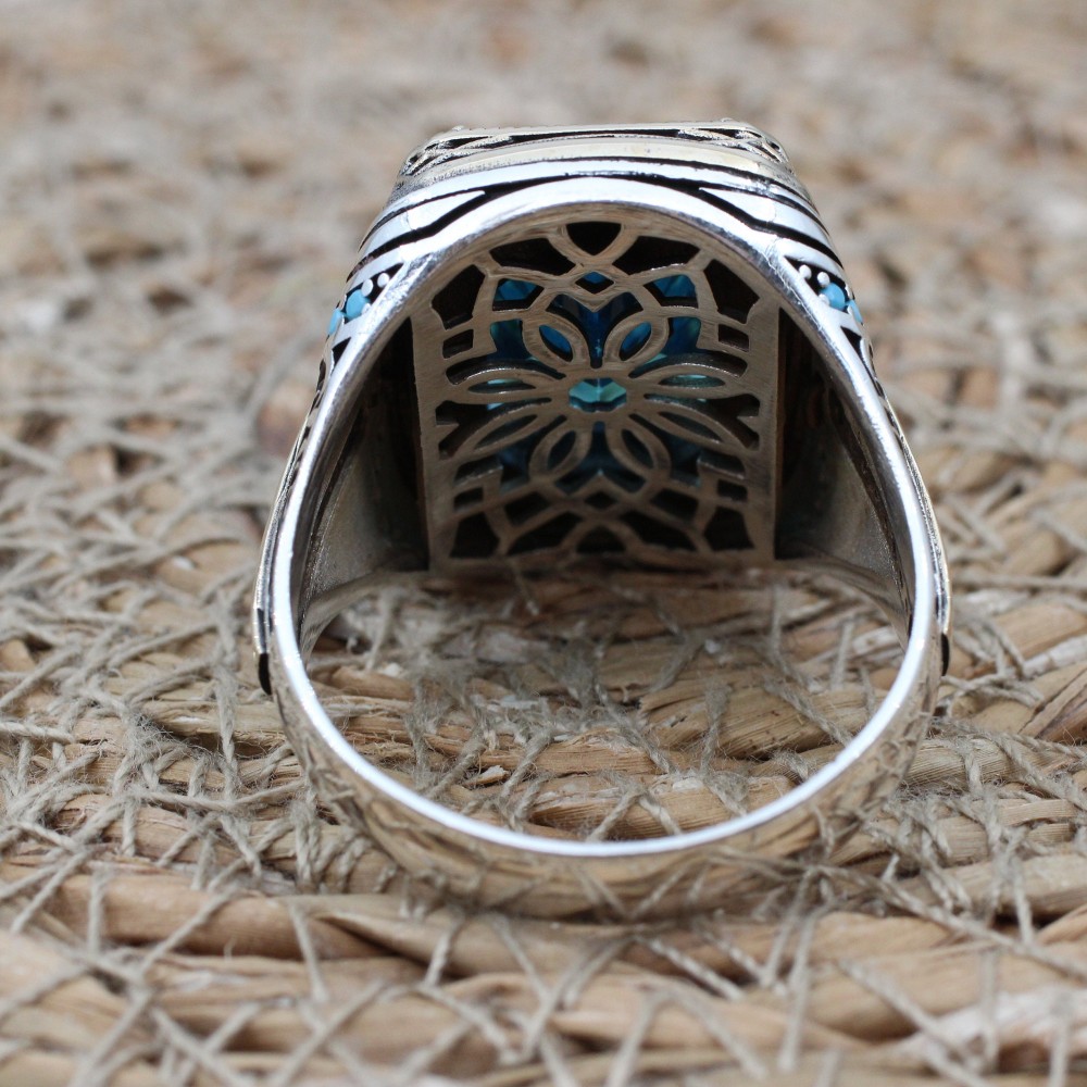 Mens Handmade Ring, Turkish Handmade Silver Men Ring, Ottoman Ring, Aquamarine Ring, Men's Jewelry, Gift for Him, 925k Sterling Silver Ring
