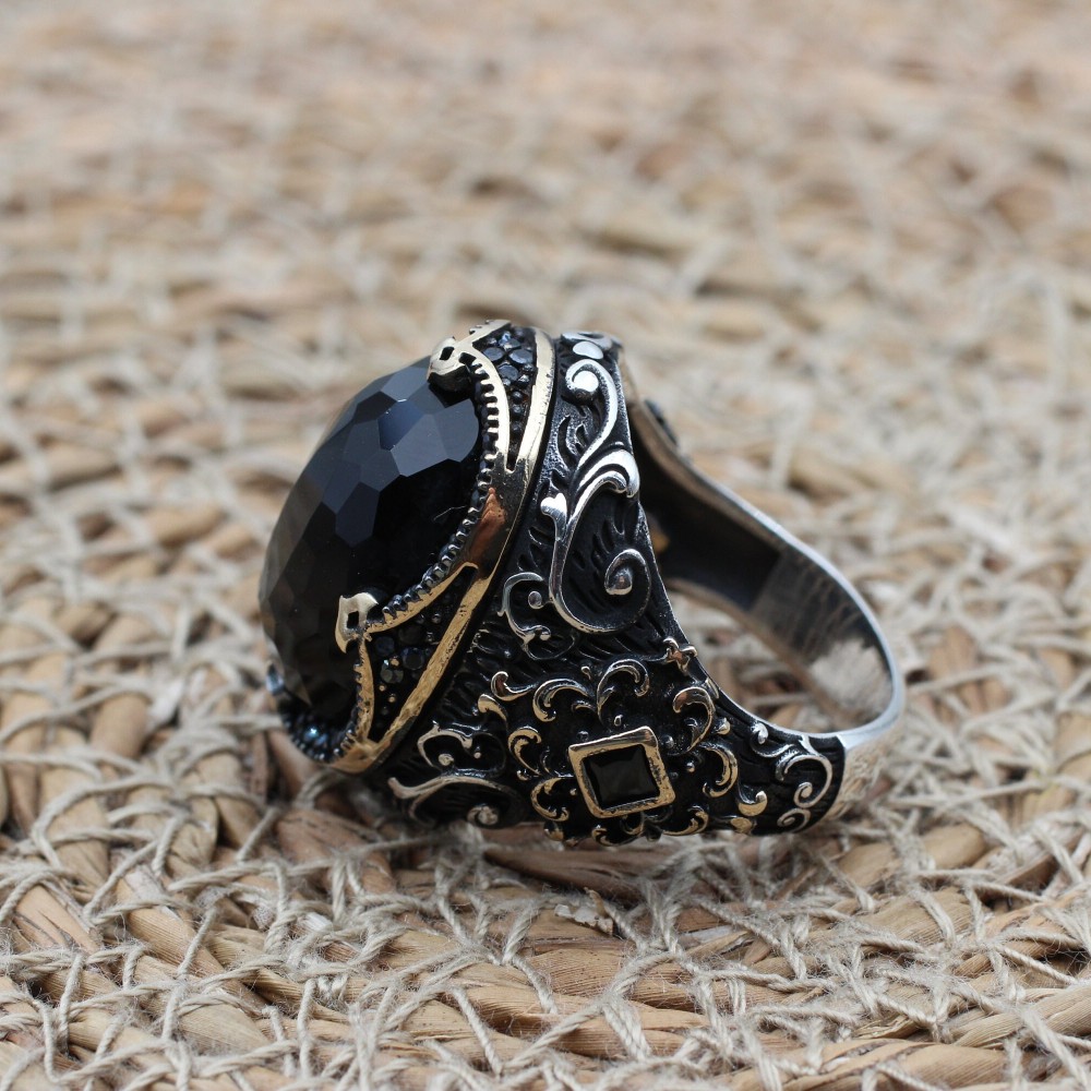 Turkish Handmade Silver Men's Ring, Men's Handmade Ring, Yemeni Men's Ring, Onyx Ring, Ottoman Ring, Gift for Him, 925k Sterling Silver,