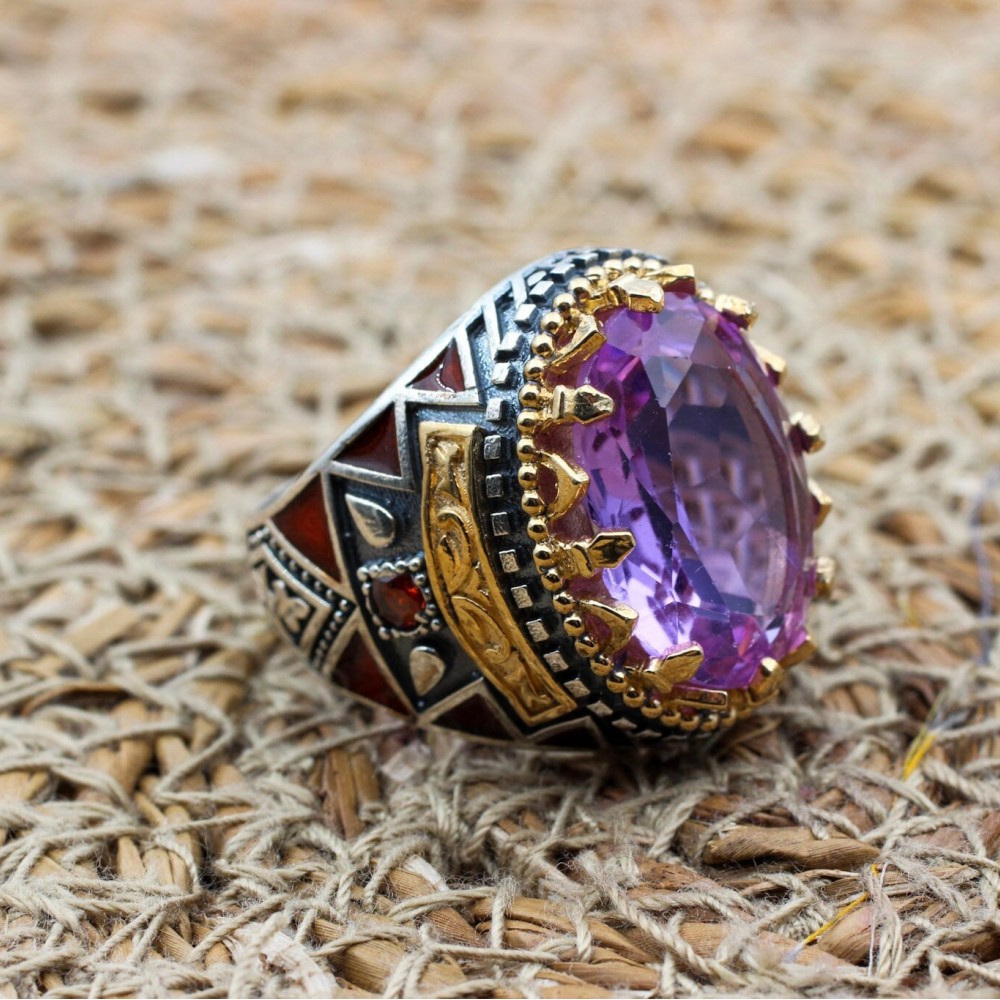 Amethyst Men's Ring, Mens Handmade Ring, Turkish Handmade Silver Men Ring, Ottoman Men Ring, Men Jewelry, Gift for Him, 925k Sterling Silver