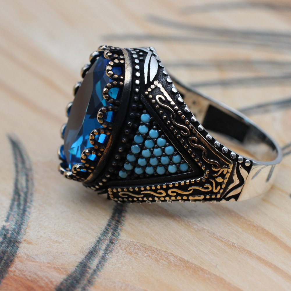 Aquamarine Ring, Mens Handmade Ring, Turkish Handmade Silver Men Ring, Ottoman Ring, Men's Jewelry, Gift for Him, 925k Sterling Silver Ring