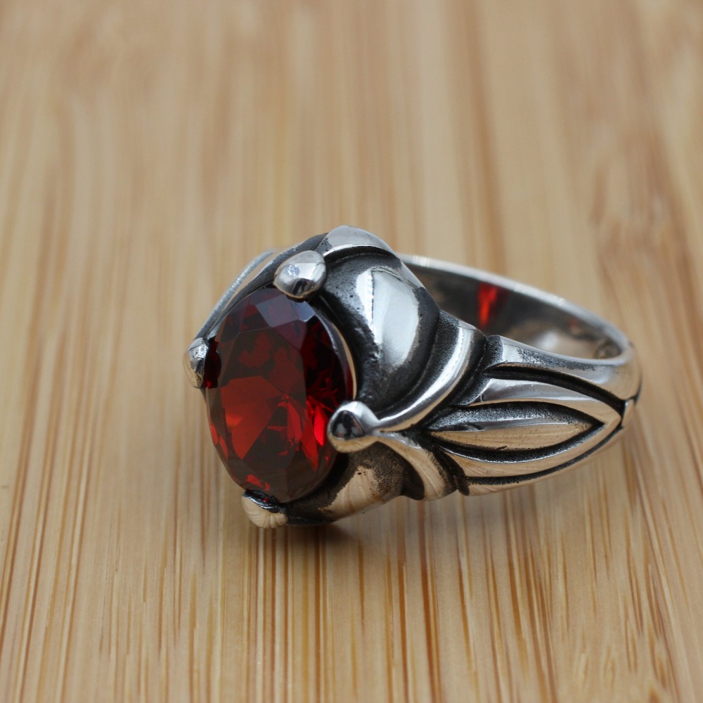 Mens Handmade Ring, Turkish Handmade Silver Men Ring, Ottoman Men Ring, Ruby Ring, Men's Jewelry, Gift for Him, 925k Sterling Silver Ring