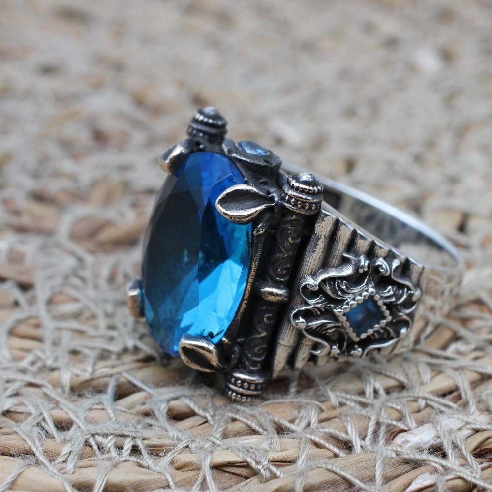 Aquamarine Mens Ring, Turkish Handmade Silver Mens Ring, Ottoman Ring, Oval Stone Ring, Men Jewelry, Gift for Him, 925k Sterling Silver Ring