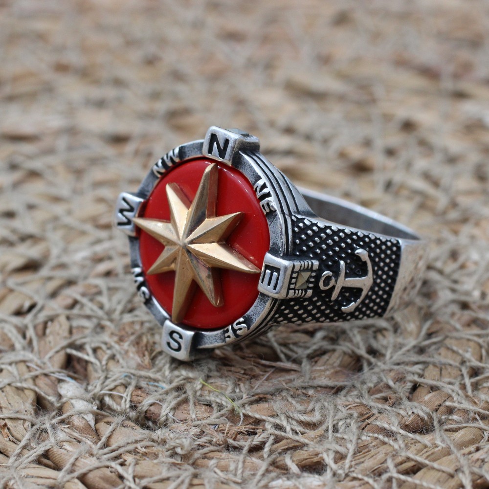 Turkish Handmade Ring, Compass Ring, Men's Handmade Ring, Anchor Ring, Agate Men Ring, Mens Jewelry, Gift for Him, 925k Sterling Silver Ring