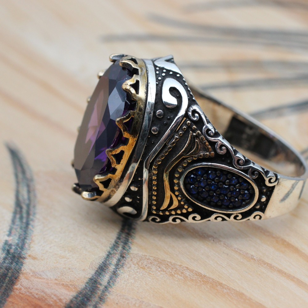 Amethyst Men's Ring, Mens Handmade Ring, Turkish Handmade Silver Men Ring, Ottoman Men Ring, Men Jewelry, Gift for Him, 925k Sterling Silver