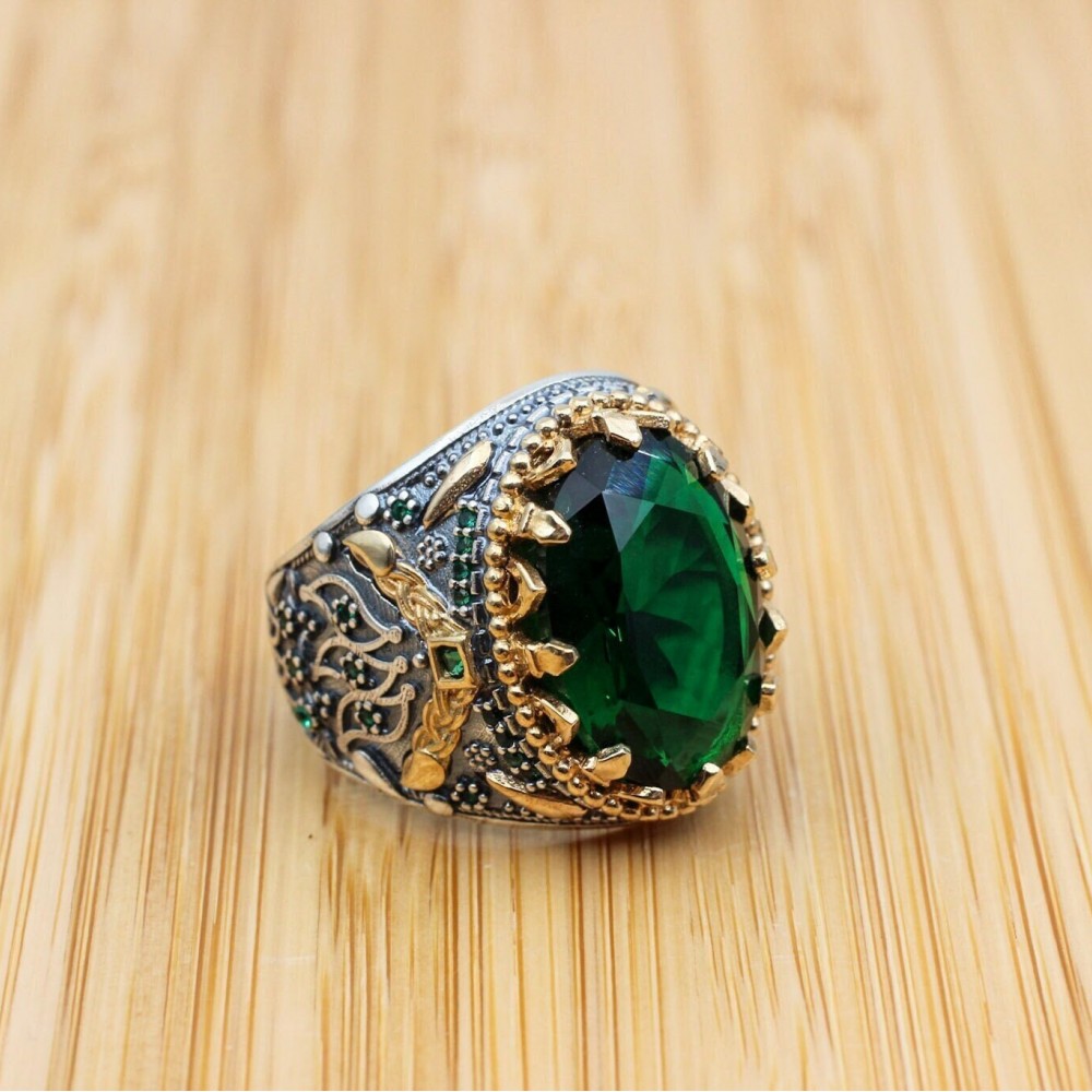 Emerald Men's Ring, Handmade Mens Ring, Turkish Handmade Silver Men Ring, Ottoman Men Ring, Mens Jewelry, Gift for Him, 925k Sterling Silver