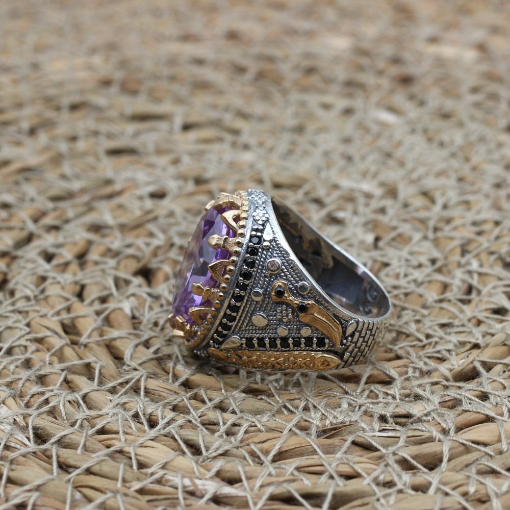Amethyst Men's Ring, Handmade Men's Ring, Turkish Handmade Men's Ring, Ottoman Mens Ring, Men's Jewelry, Amethyst, 925k Sterling Silver Ring