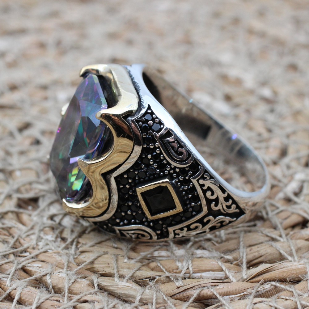 Mystic Topaz Ring, Handmade Ring, Turkish Handmade Silver Men Ring, Mystic Topaz Ring, Men's Jewelry, Gift for Him, 925k Sterling Silver Mystic Topaz Ring, Handmade Ring, Turkish Handmade Silver Men Ring, Mystic Topaz Ring, Men's Jewelry, Gift for Him, 925k Sterling Silver