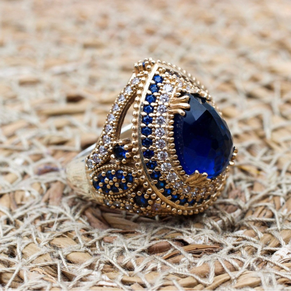 Sapphire Topaz Ring, Handmade Womens Ring, Authentic Ring, Turkish Handmade Ring, Ottoman Ring, Ladies Ring, 925k Sterling Silver, Drop Ring
