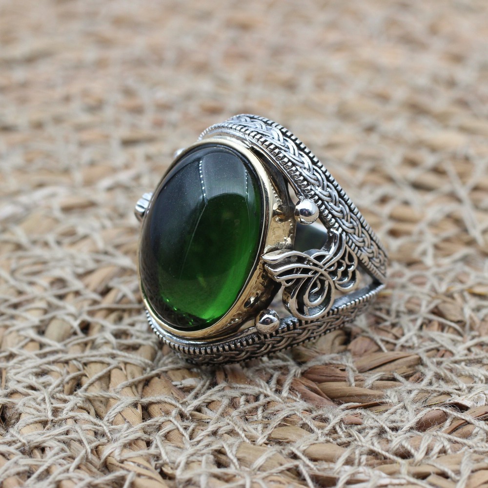 Emerald Men's Ring, Ottoman Men's Ring, Handmade Men's Ring, Turkish Handmade Men's Ring, Men's Jewelry, Gift for Him, 925 Sterling Silver