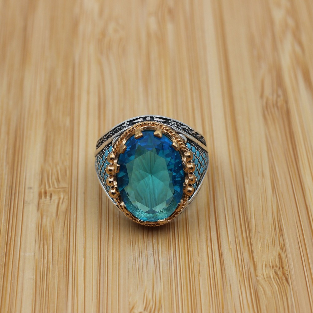 Mens Handmade Ring, Turkish Handmade Silver Men Ring, Ottoman Ring, Aquamarine Ring, Men's Jewelry, Gift for Him, 925k Sterling Silver Ring