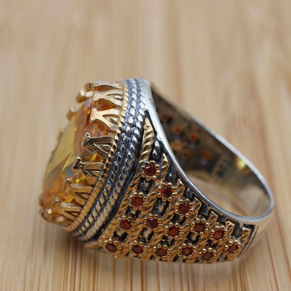Citrine Men's Ring, Handmade Men's Ring, Turkish Handmade Mens Ring,  Silver Mens Ring, Ottoman Mens Ring, Gift for Him, 925 Sterling Silver