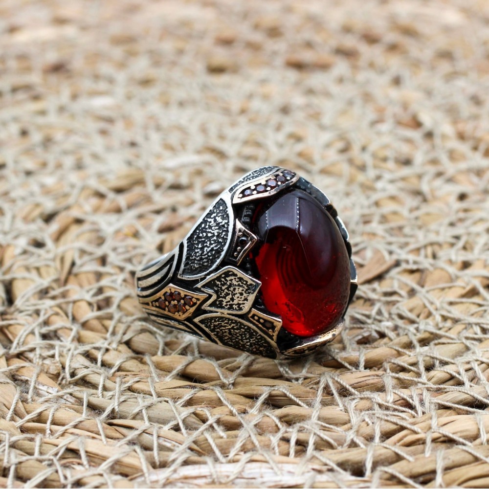 Ruby Men's Ring, Handmade Men's Ring, Turkish Handmade Silver Mens Ring, Ottoman Mens Ring, Mens Jewelry, Gift for Him, 925 Sterling Silver