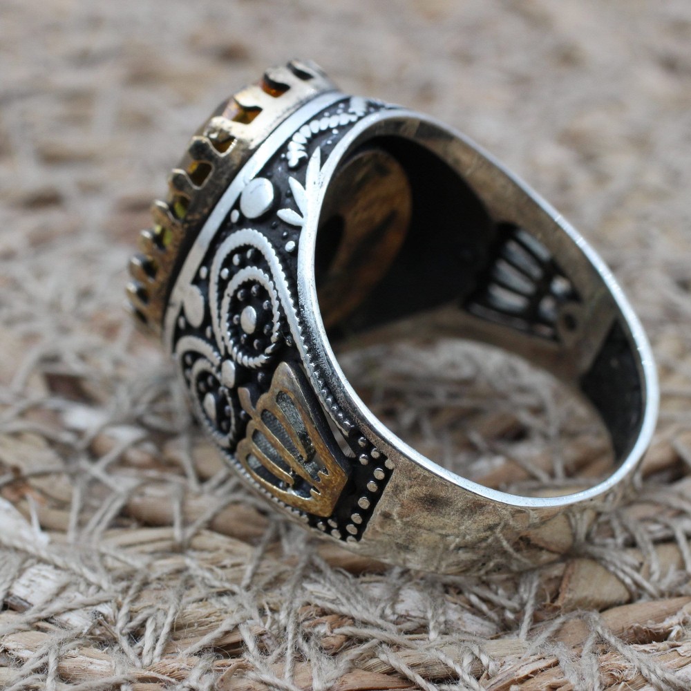 Citrine Men's Ring, Handmade Men's Ring, Turkish Handmade Ring, Ottoman Men's Ring, Men's Jewelry, Gift for Him, 925k Sterling Silver Ring