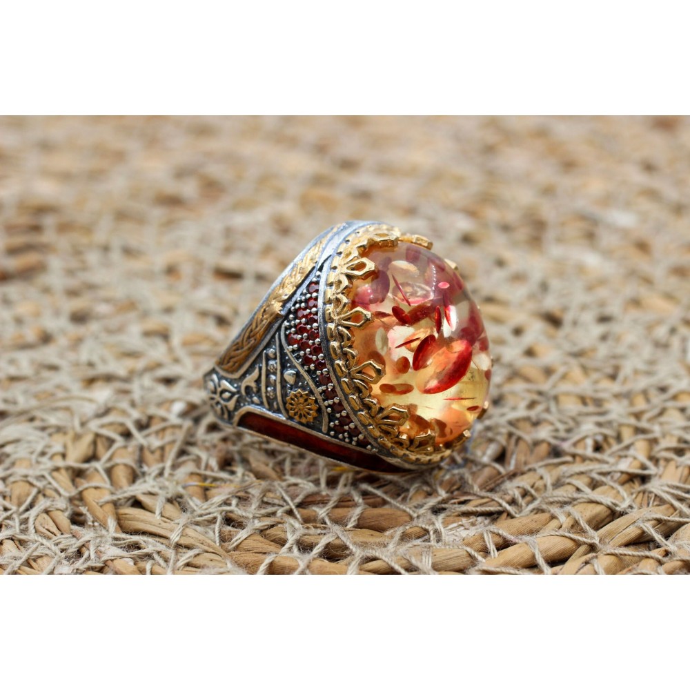 Amber Ring, Men's Handmade Ring, Ottoman Men Ring, Turkish Handmade Silver Men Ring, Yemeni Ring, Gift for Him, 925k Sterling Silver Ring