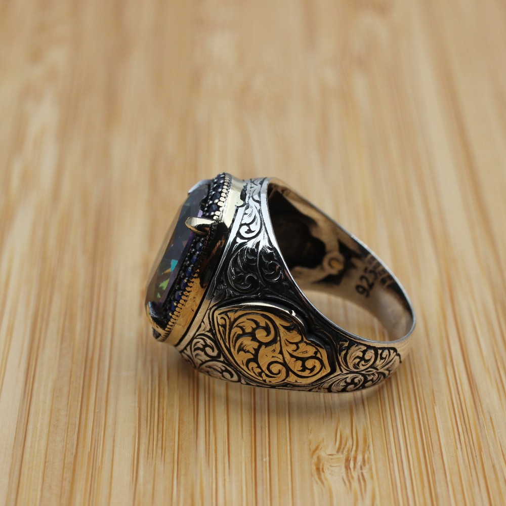 Mystic Topaz Men's Ring, Handmade Men's Ring, Turkish Handmade Ring, Silver Men's Ring, Men's Jewelry, Gift For Him, 925k Sterling Silver