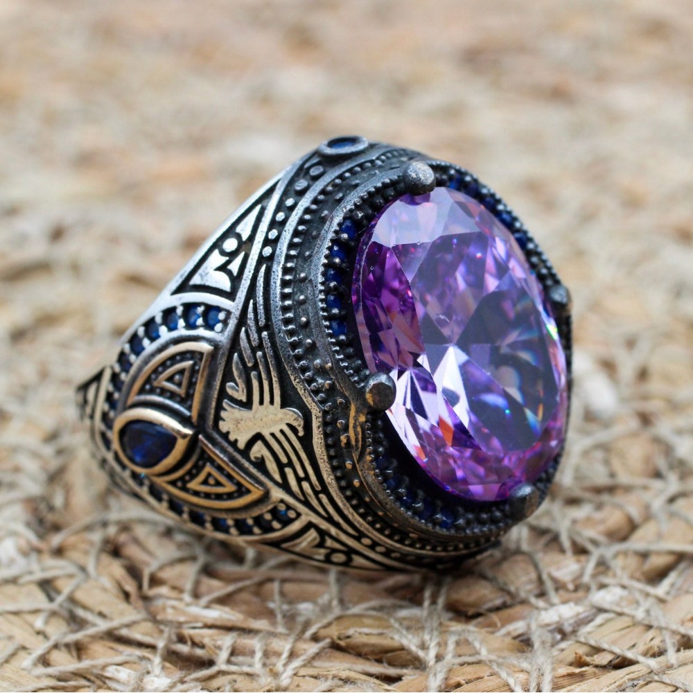 Men's Handmade Ring, Turkish Handmade Silver Men's Ring, Ottoman Ring, Amethyst Ring, Men's Jewelry, Amethyst, 925k Sterling Silver Ring