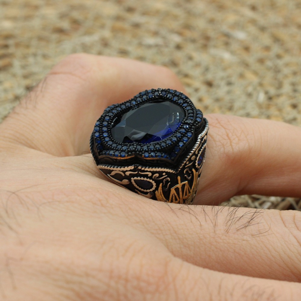 Turkish Handmade Silver Men Ring, Mens Handmade Ring, Ottoman Ring, Sapphire Ring, Men's Jewelry, Gift for Him, 925k Sterling Silver Ring