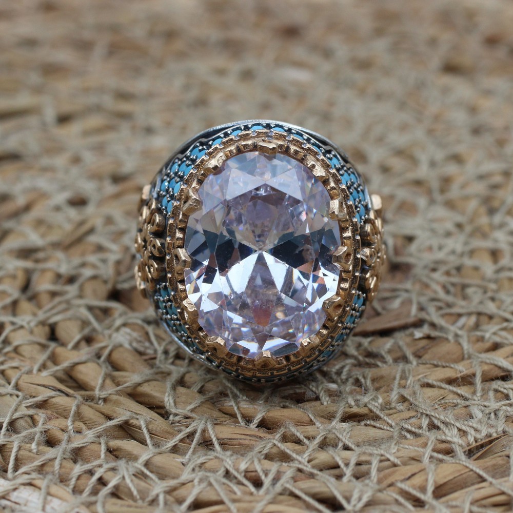 Mens Handmade Ring, Turkish Handmade Silver Men Ring, Ottoman Men Ring, Zircon Ring, Men's Jewelry, Gift for Him, 925k Sterling Silver Ring