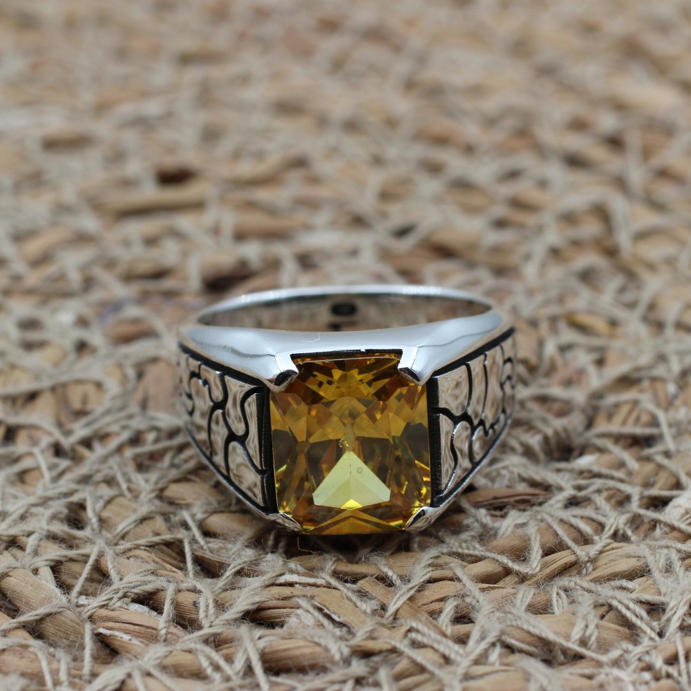Men's Handmade Ring, Turkish Handmade Ring, Citrine Men's Ring, Ottoman Men's Ring, Men's Jewelry, Gift for Him, 925k Sterling Silver Ring