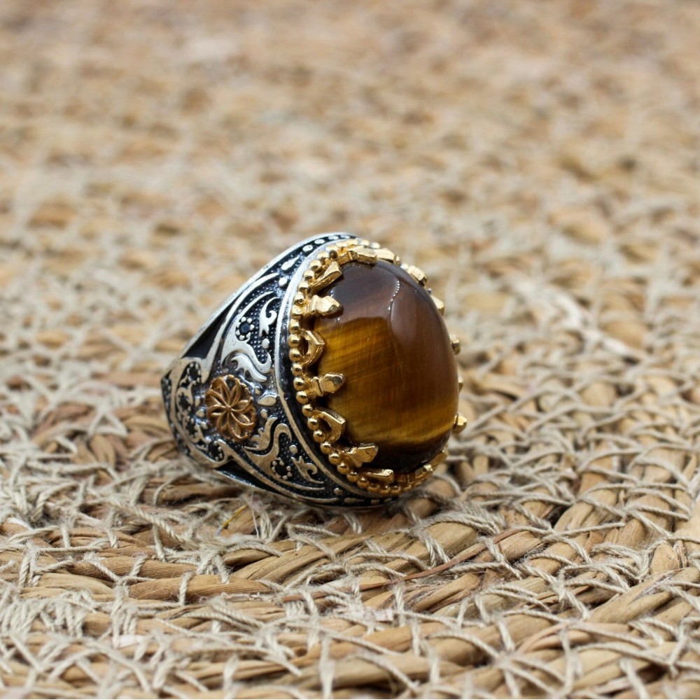 Tiger Eye Men's Ring, Ottoman Men's Ring, Handmade Men's Ring, Turkish Handmade Men's Ring, Men's Jewelry, Gift for Him, 925 Sterling Silver