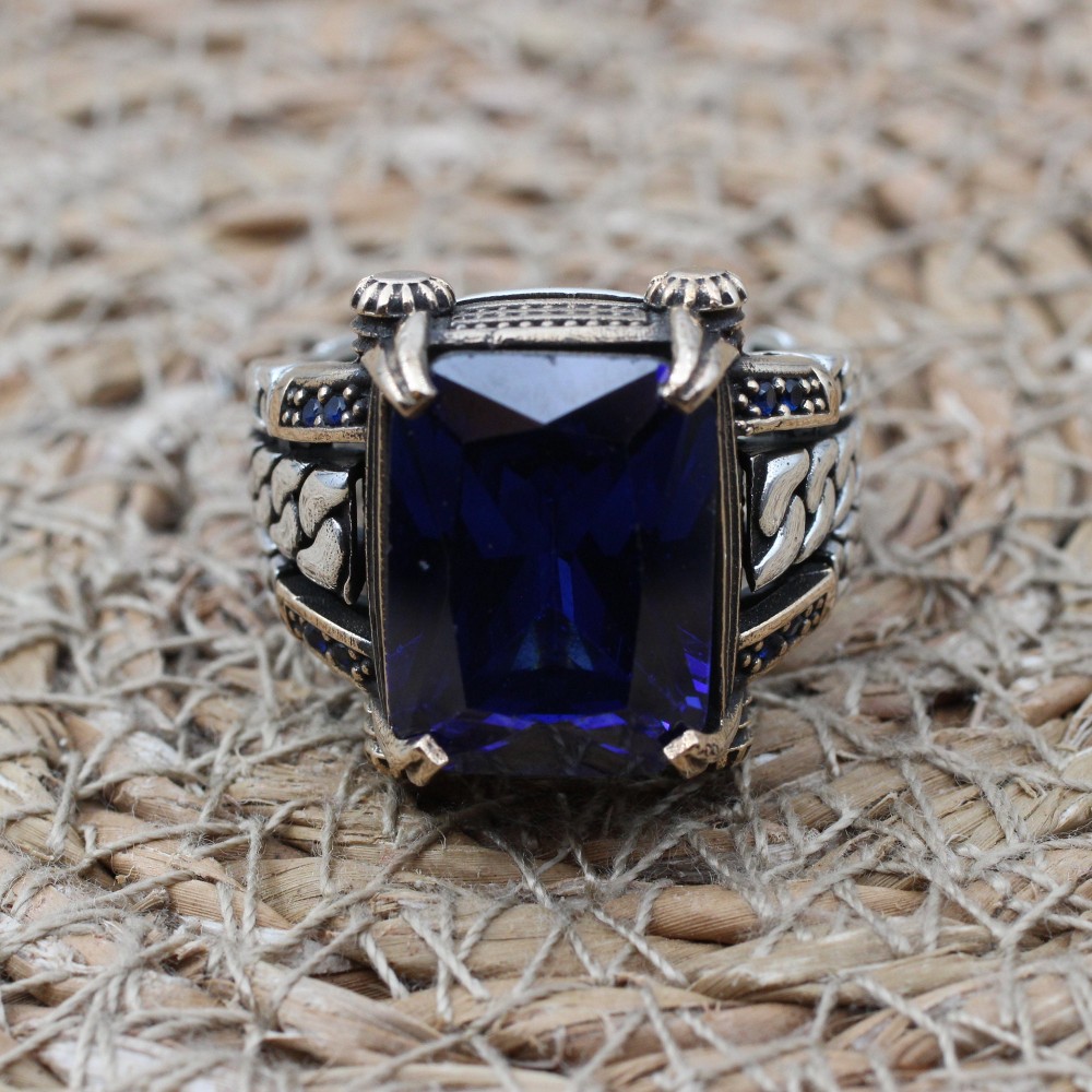 Turkish Ring, Men's Handmade Ring, Ottoman Ring, Cubic Zirconia, Sapphire Men's Ring, Men's Jewelry, Gift for Him, 925k Sterling Silver Ring