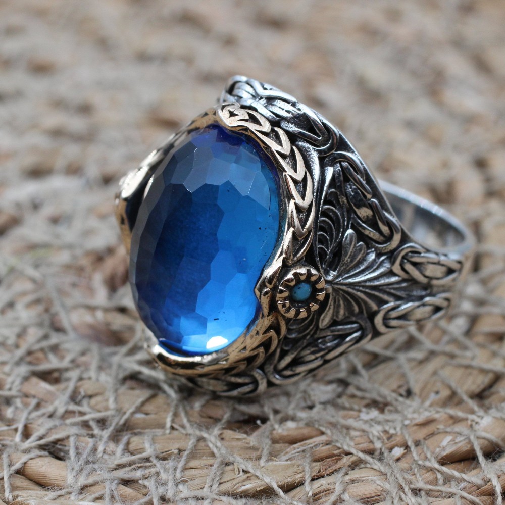 Mens Handmade Ring, Turkish Handmade Silver Men Ring, Ottoman Ring, Aquamarine Ring, Men's Jewelry, Gift for Him, 925k Sterling Silver Ring