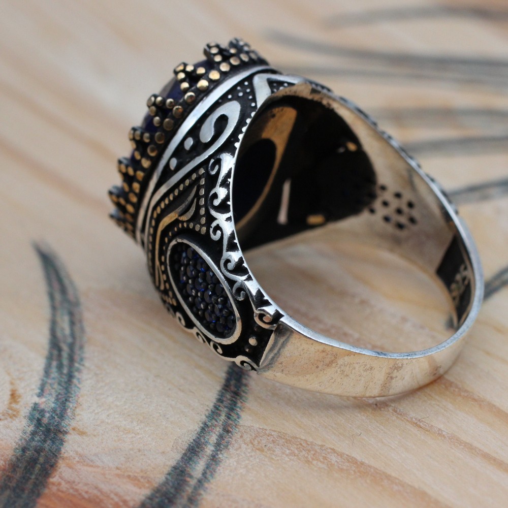 Sapphire Men Ring, Turkish Handmade Silver Men Ring, Mens Handmade Ring, Ottoman Ring, Men Jewelry, Gift for Him, 925k Sterling Silver Ring