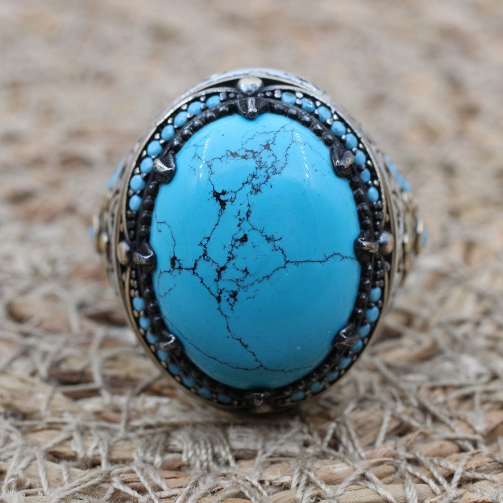 Men's Handmade Ring, Yemeni Ring, Turquoise Ring, Turkish Handmade Silver Men's Ring, Ottoman Men's Ring, Gift for Him, 925k Sterling Silver