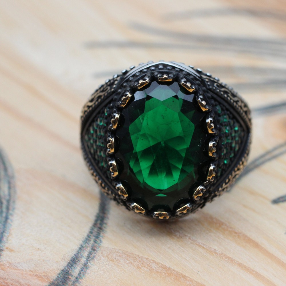 Emerald Men's Ring, Ottoman Men's Ring, Handmade Men's Ring, Turkish Handmade Men's Ring, Men's Jewelry, Gift for Him, 925 Sterling Silver