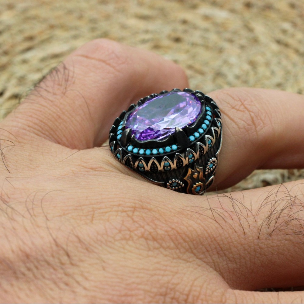 Amethyst Men's Ring, Mens Handmade Ring, Turkish Handmade Silver Men Ring, Ottoman Men Ring, Men Jewelry, Gift for Him, 925k Sterling Silver