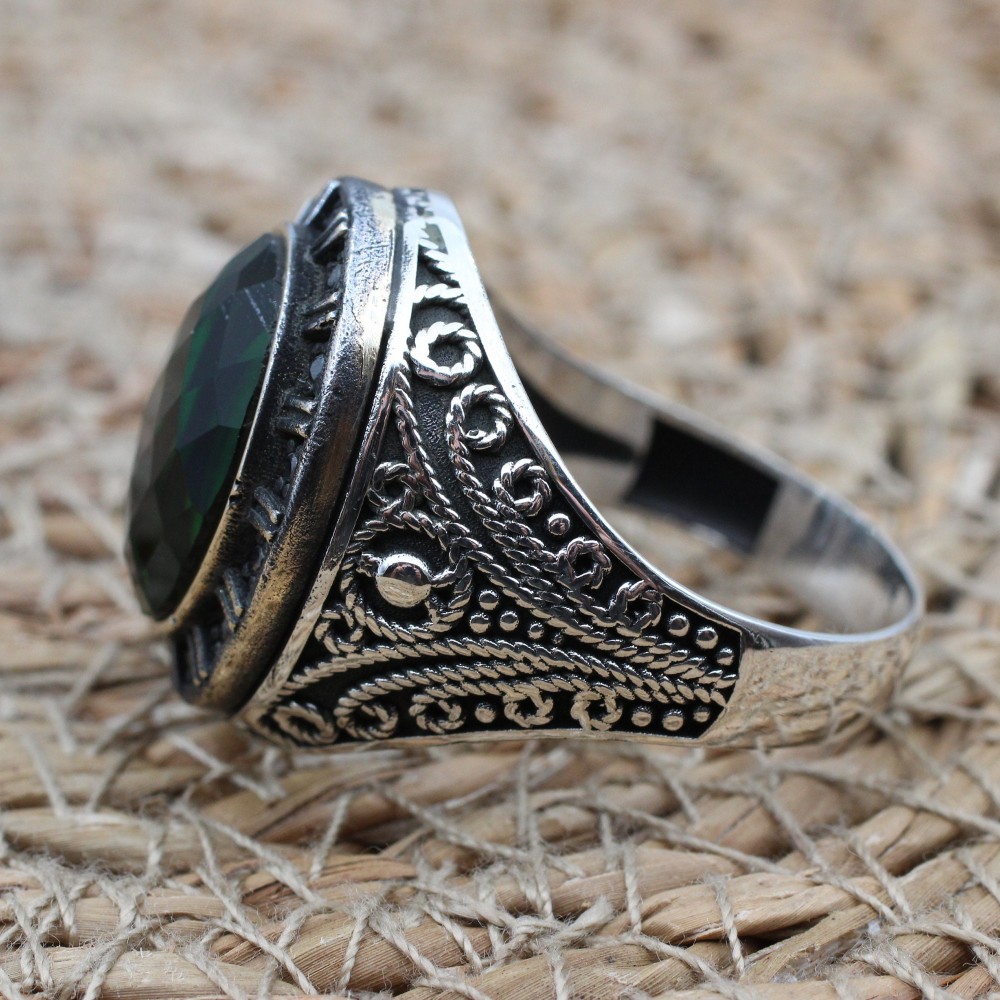 Emerald Men's Ring, Ottoman Men's Ring, Handmade Men's Ring, Turkish Handmade Men's Ring, Men's Jewelry, Gift for Him, 925 Sterling Silver