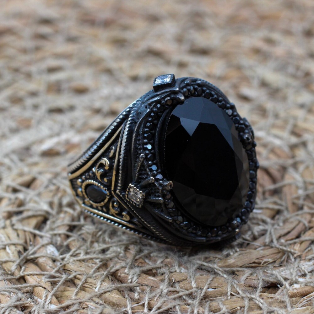Men's Handmade Ring, Turkish Handmade Silver Men's Ring, Ottoman Men Ring, Onyx Ring, Men's Jewelry, Gift for Him, 925k Sterling Silver Ring