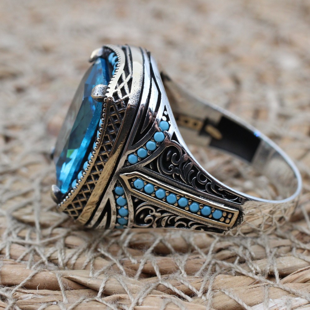 Mens Handmade Ring, Turkish Handmade Silver Men Ring, Ottoman Ring, Aquamarine Ring, Men's Jewelry, Gift for Him, 925k Sterling Silver Ring