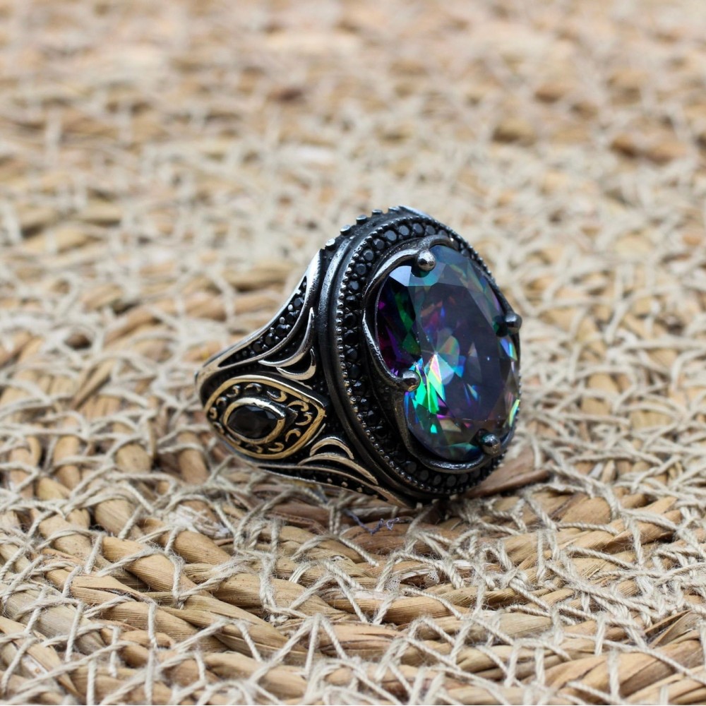 Mystic Topaz Ring, Handmade Ring, Turkish Handmade Silver Men Ring, Mystic Topaz Ring, Men's Jewelry, Gift for Him, 925k Sterling Silver