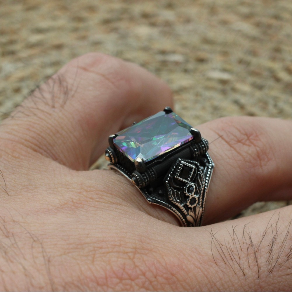 Mystic Topaz Ring, Handmade Ring, Turkish Handmade Silver Men Ring, Mystic Topaz Ring, Men's Jewelry, Gift for Him, 925k Sterling Silver