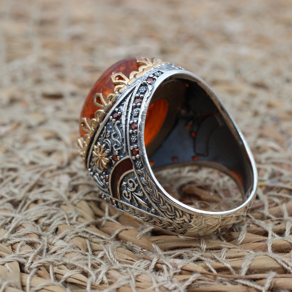 Amber Ring, Men's Handmade Ring, Ottoman Men Ring, Turkish Handmade Silver Men Ring, Men's Jewelry, Gift for Him, 925k Sterling Silver Ring