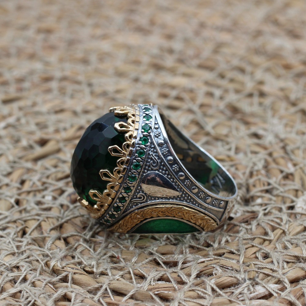 Emerald Men's Ring, Ottoman Men's Ring, Handmade Men's Ring, Turkish Handmade Men's Ring, Men's Jewelry, Gift for Him, 925 Sterling Silver