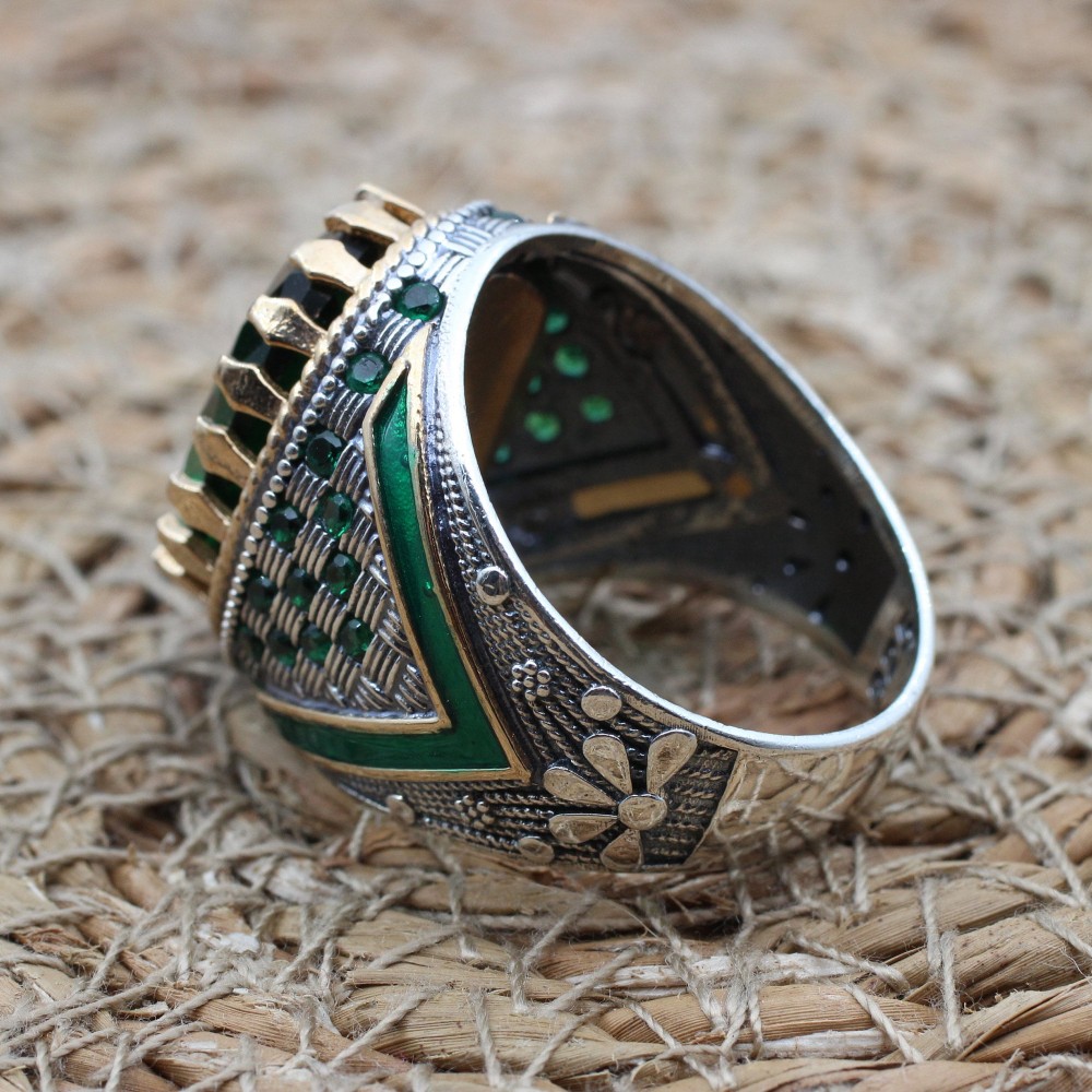 Emerald Men's Ring, Ottoman Men's Ring, Handmade Men's Ring, Turkish Handmade Men's Ring, Men's Jewelry, Gift for Him, 925 Sterling Silver