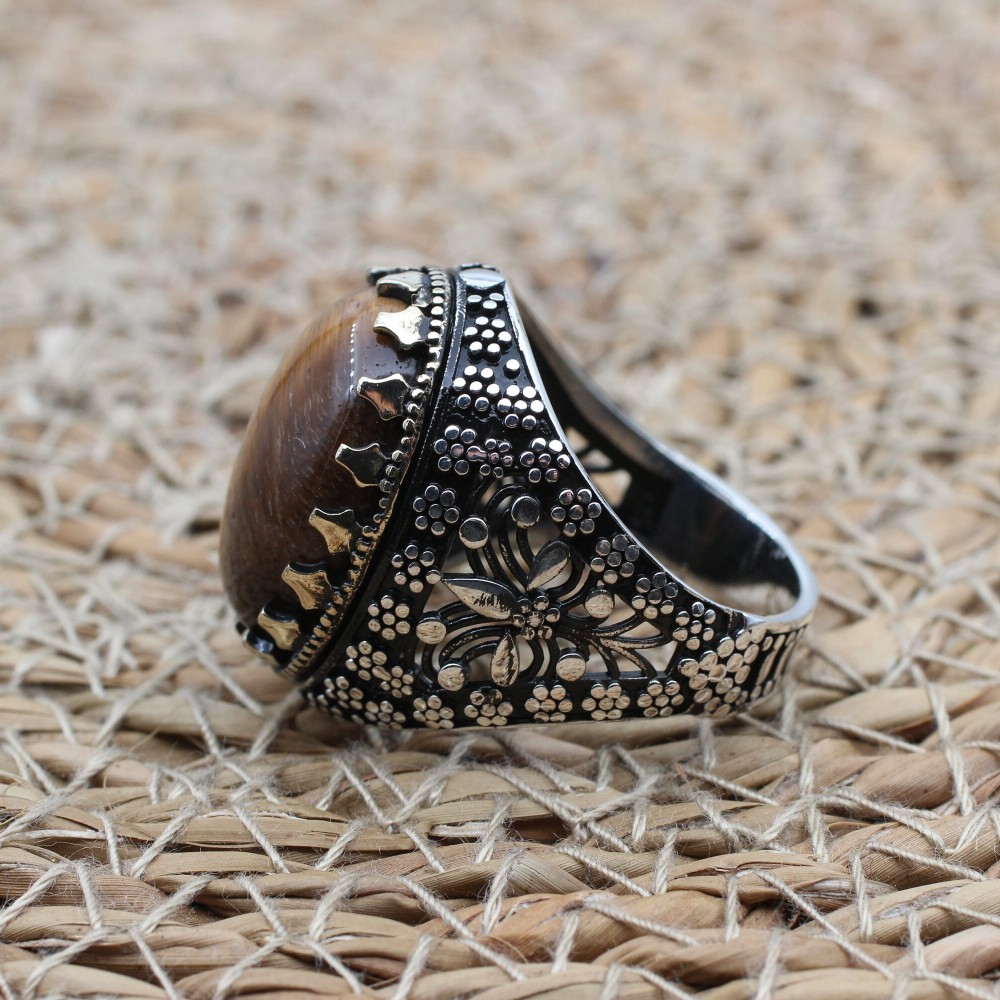 Tiger Eye Men's Ring, Ottoman Men's Ring, Handmade Men's Ring, Turkish Handmade Men's Ring, Men's Jewelry, Gift for Him, 925 Sterling Silver