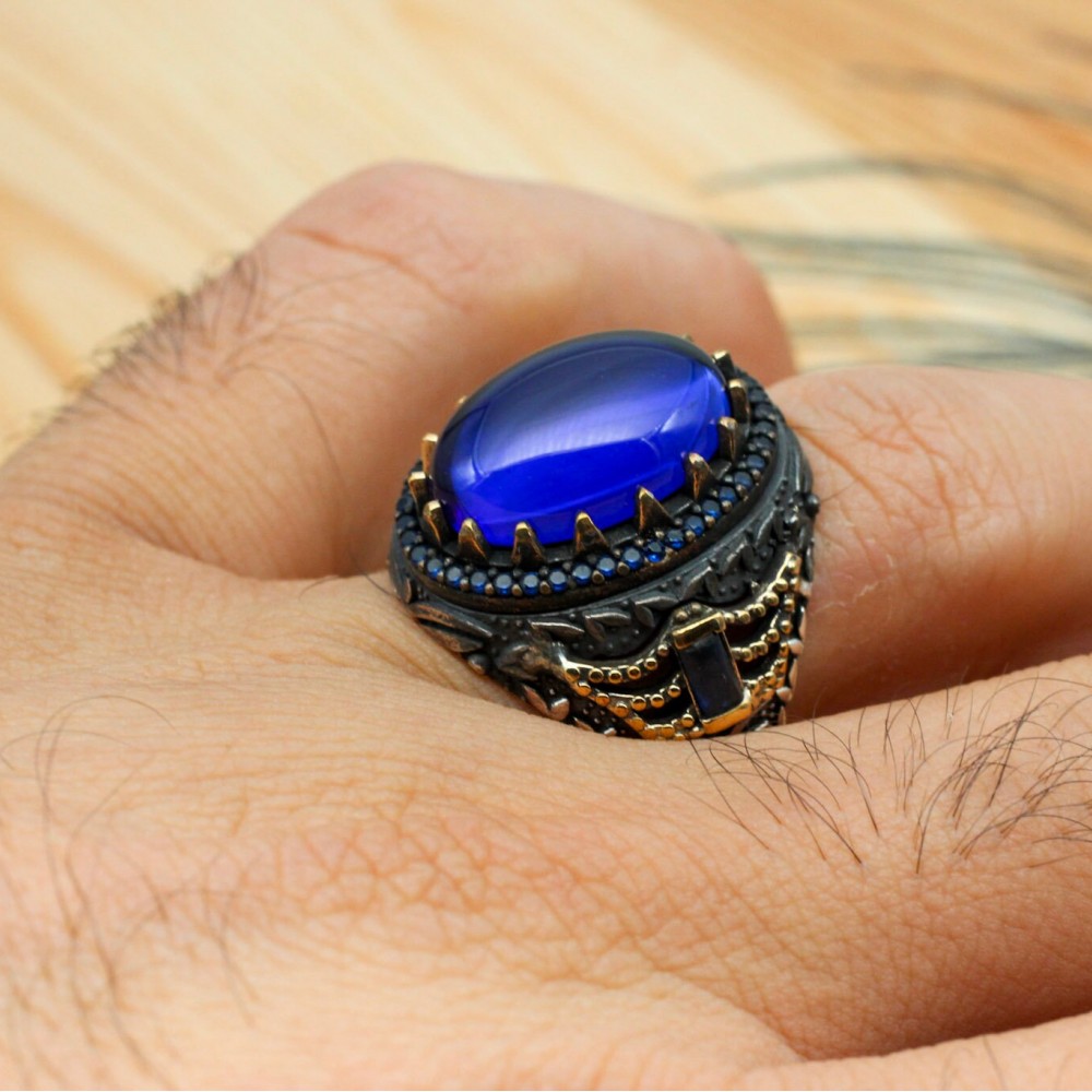 Sapphire Men Ring, Turkish Handmade Silver Men Ring, Mens Handmade Ring, Ottoman Ring, Men Jewelry, Gift for Him, 925k Sterling Silver Ring