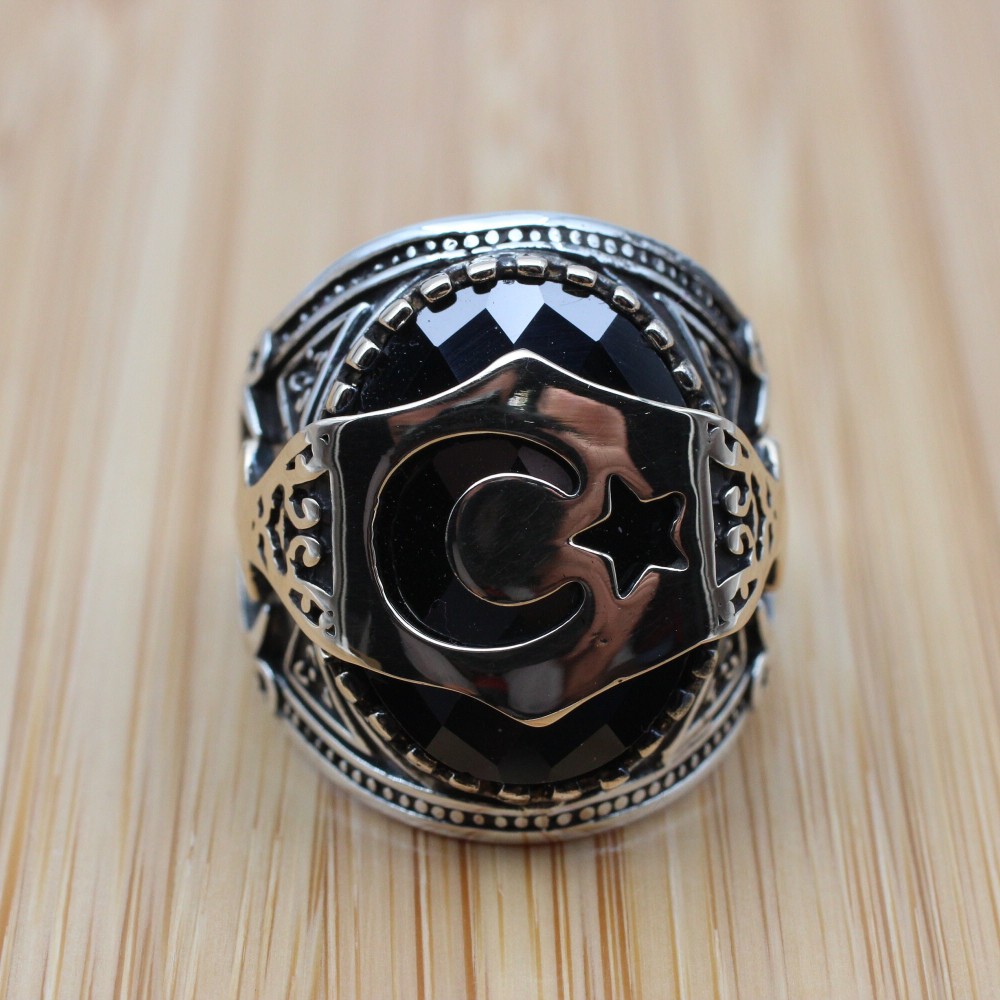 Onyx Men's Ring, Men's Handmade Ring, Turkish Handmade Silver Men's Ring, Ottoman Men's Ring, Flag Ring, Gift for Him, 925k Sterling Silver,