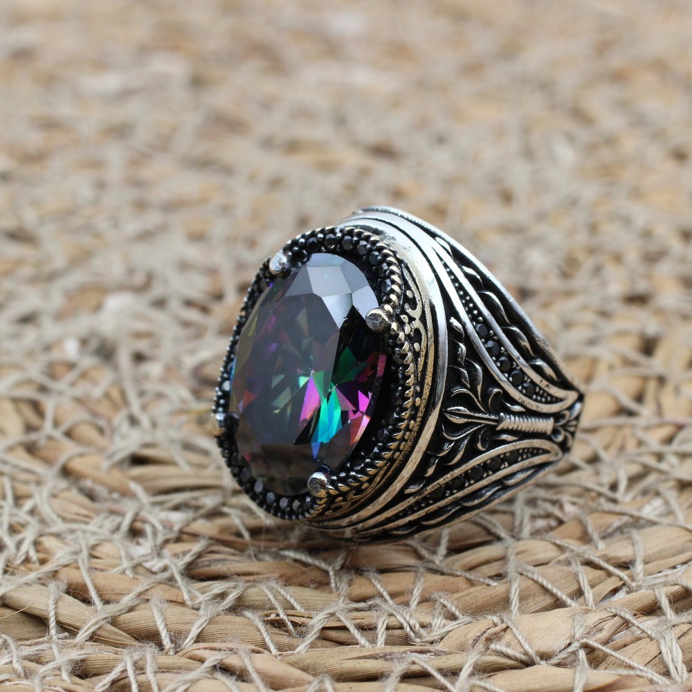 Mystic Topaz Men's Ring, Ottoman Men's Ring, Handmade Mens Ring, Turkish Handmade Mens Ring, Mens Jewelry, Gift for Him, 925 Sterling Silver