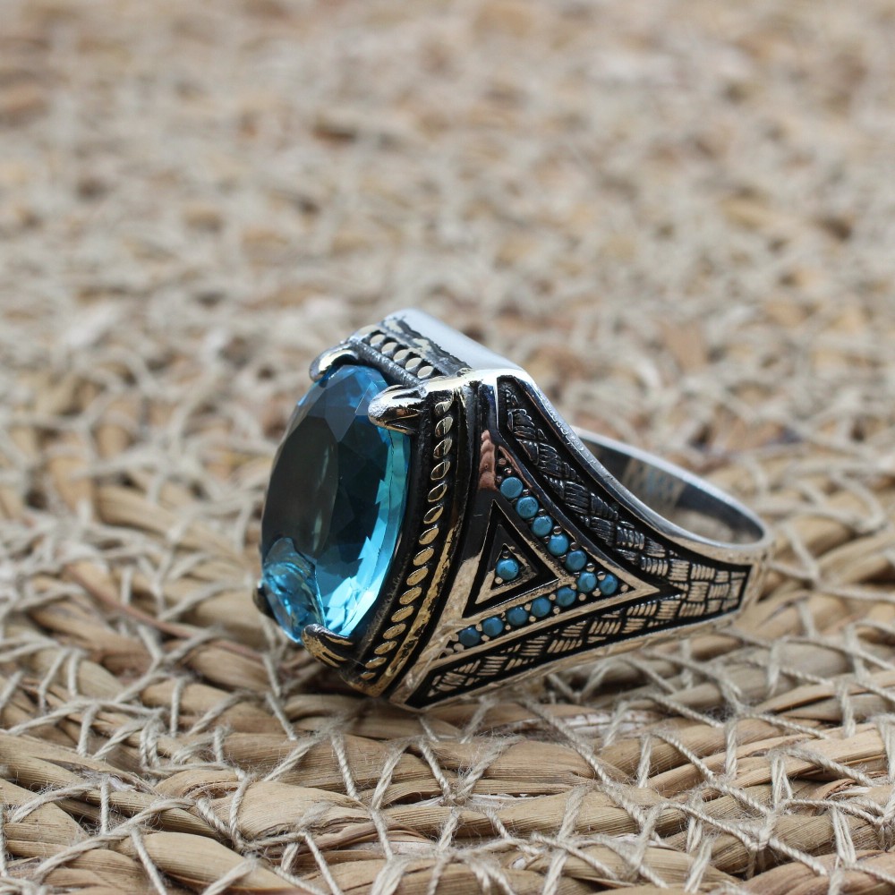 Aquamarine Men's Ring, Ottoman Men's Ring, Handmade Men's Ring, Turkish Handmade Men's Ring, Mens Jewelry, Gift for Him, 925 Sterling Silver